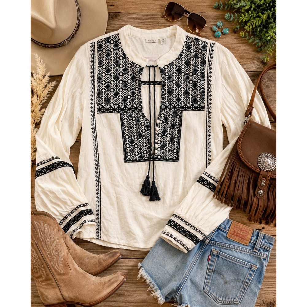 Hinge XXL Embroidered Boho Folk Blouse Tassel Peasant Top Western Cottagecore